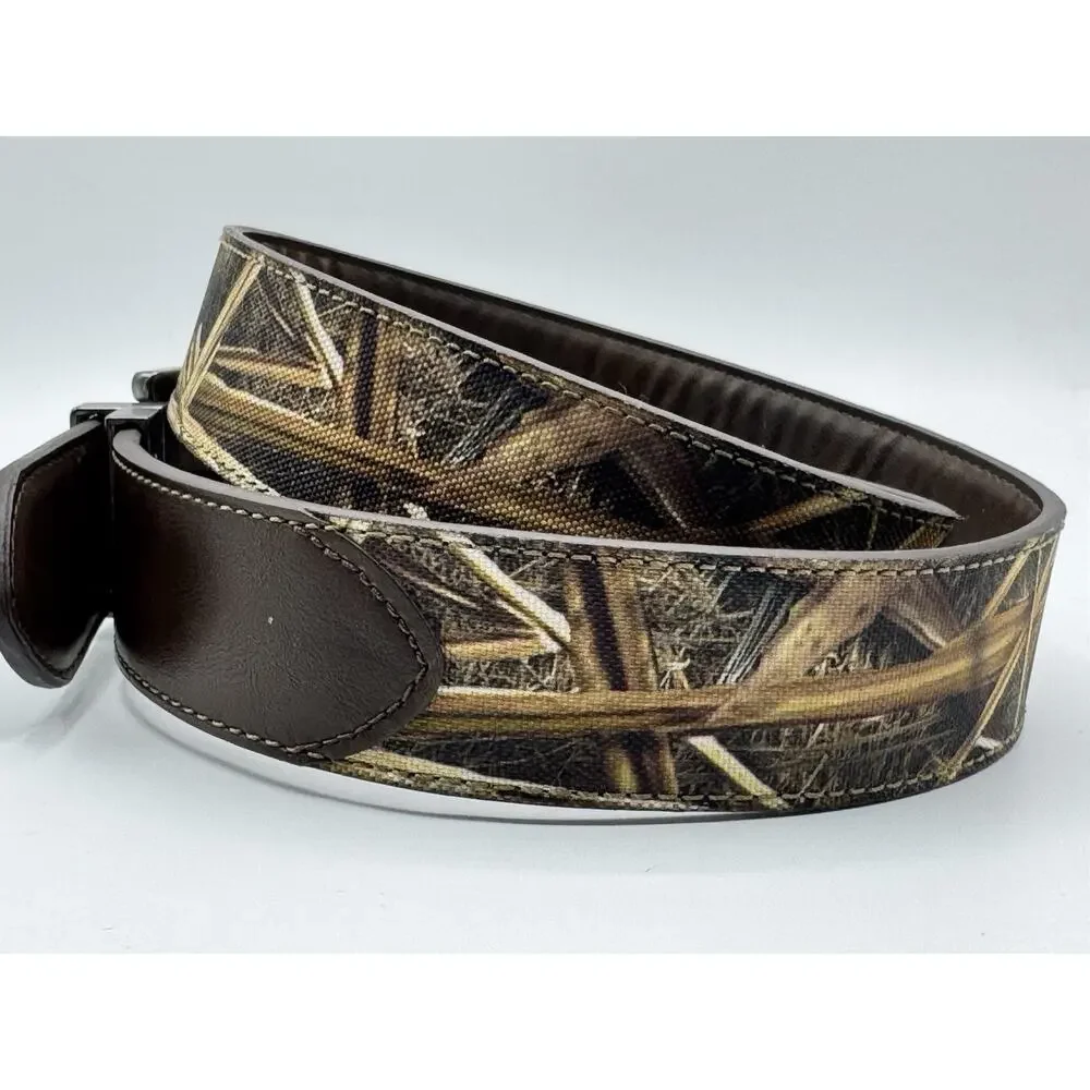 Men’s Mossy Oak Medium 34-36 Brown Black Leather Camo Canvas Reversible Belt